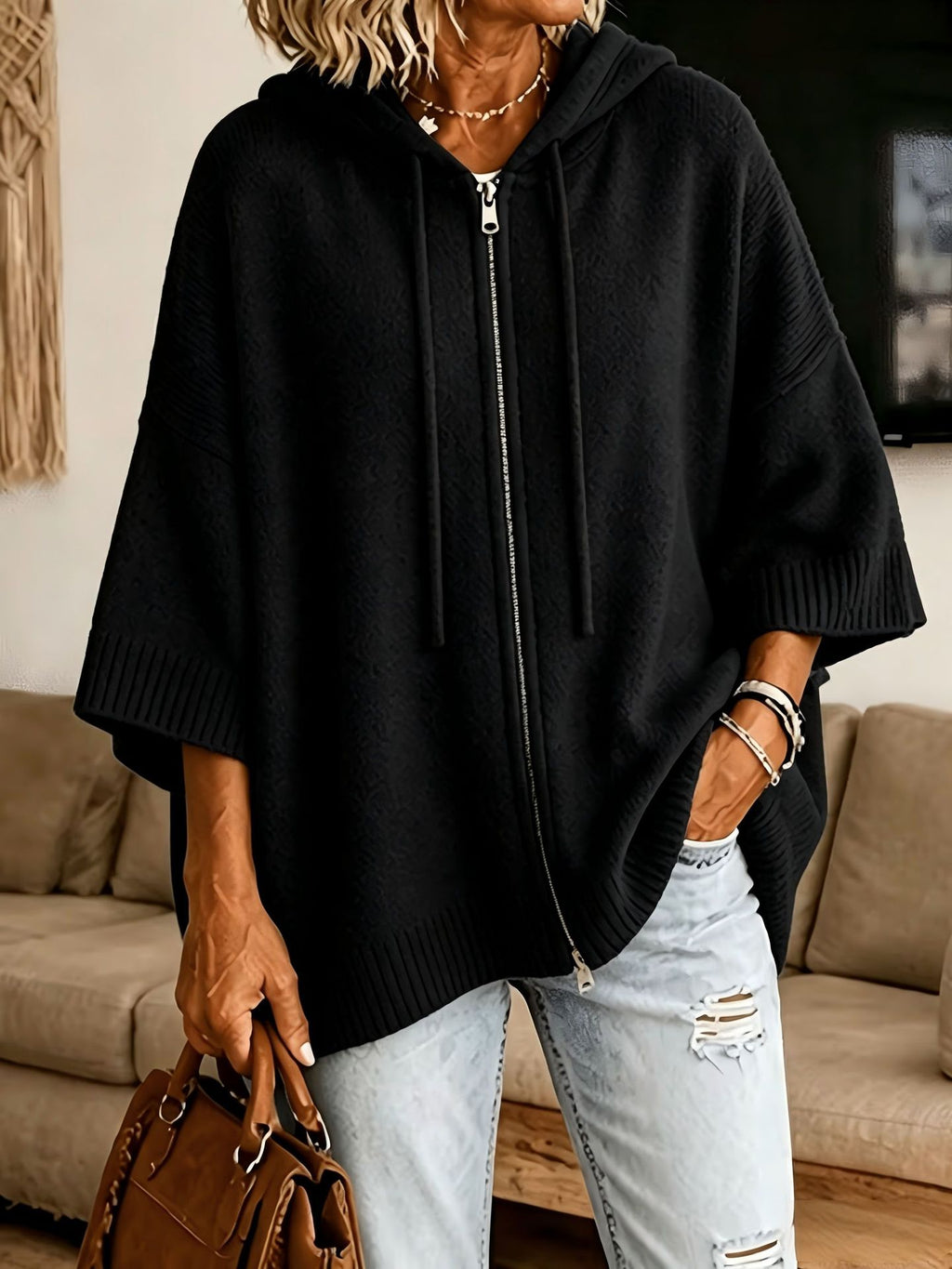 Hooded Cardigan Sweatshirt mit Fledermausärmeln – Bild 1 | LuxeStyle