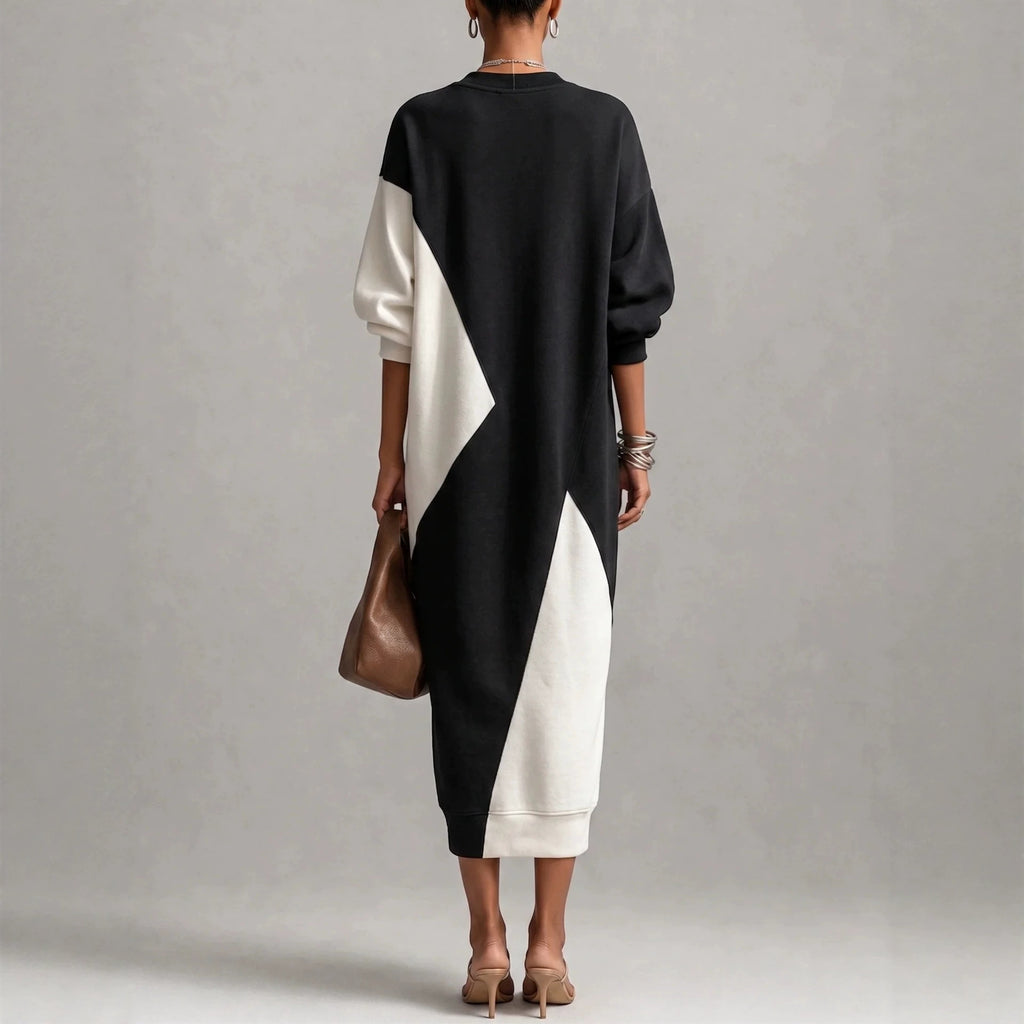 Langes Kleid mit geometrischem Patchwork | LuxeStyle