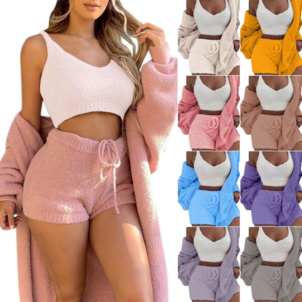 3er-Set Damen-Pyjama mit Langarm-Crop-Top und Bindebund-Shorts