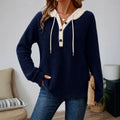 Weit geschnitten V-Ausschnitt Hoodie mit Knöpfen und Schnürung