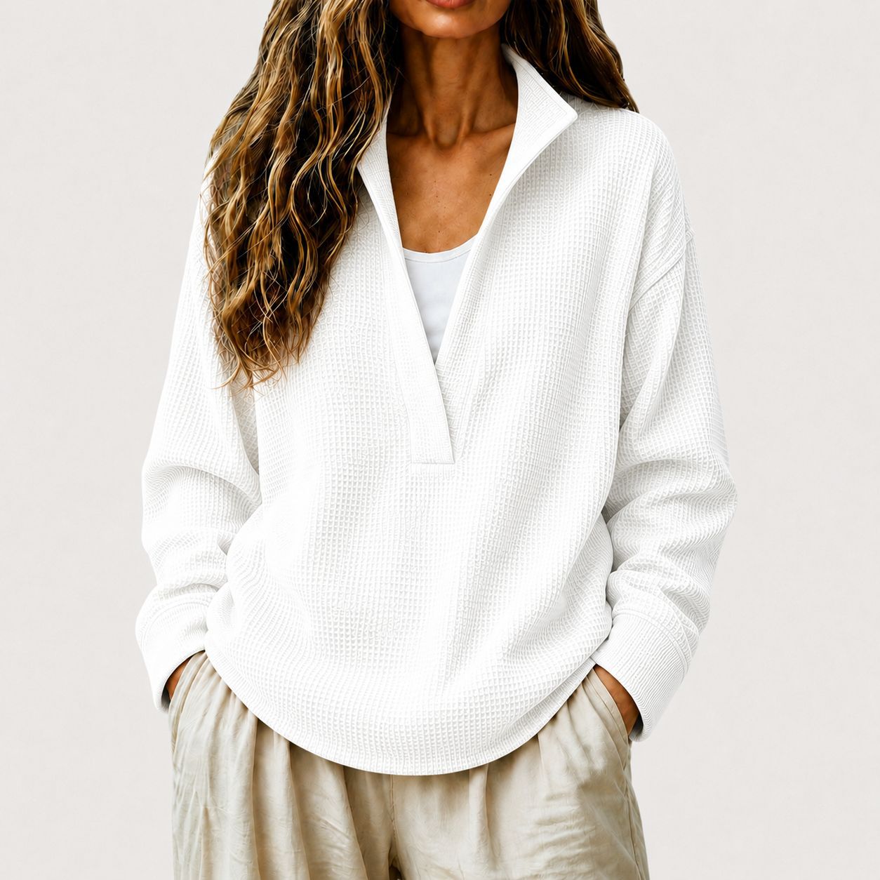 Waffelstrick V-Ausschnitt Langarm-Sweatshirt