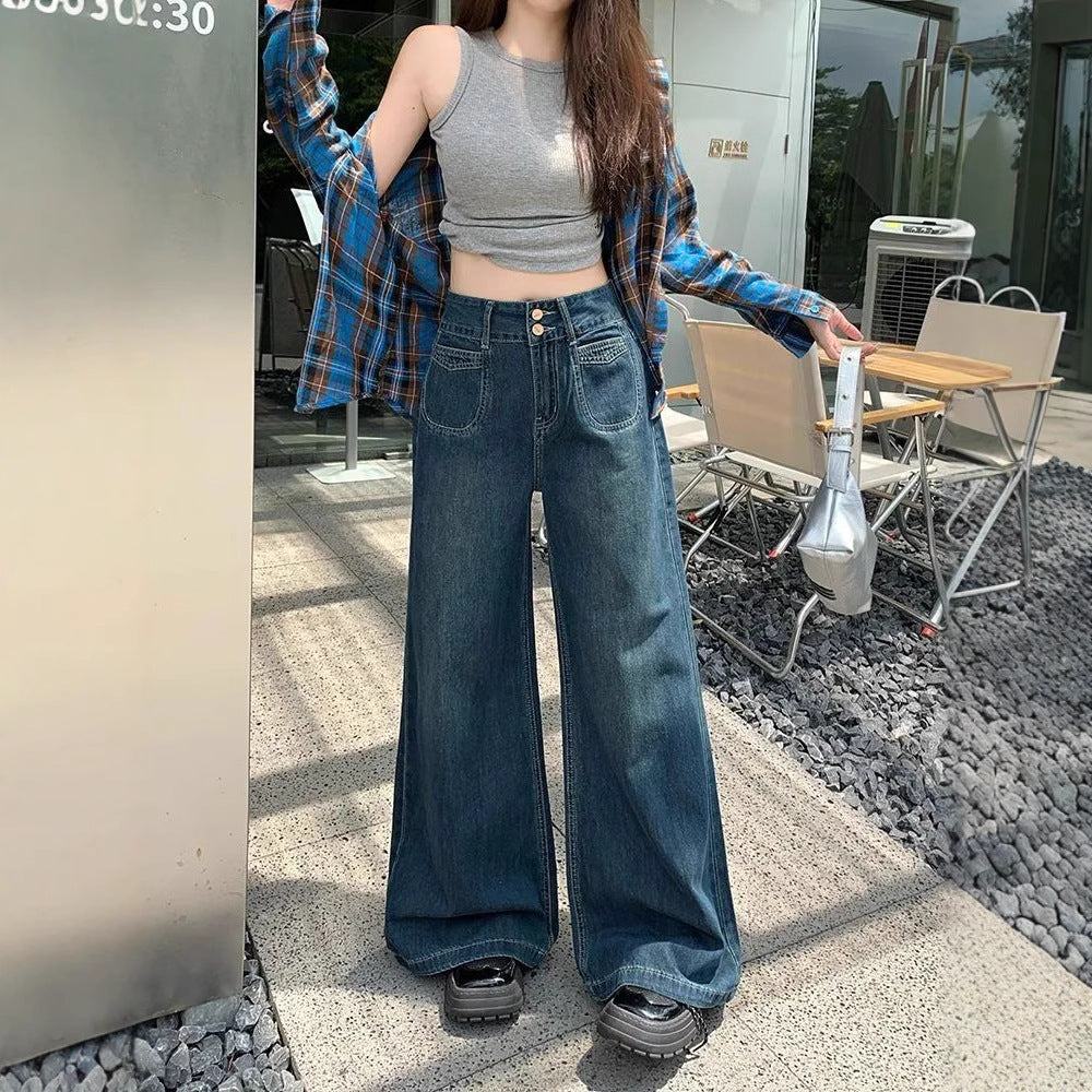 Dunkelblaue Jeans, hoch geschnitten