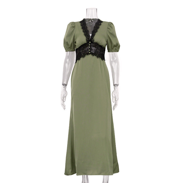 Rüschendekor V-Ausschnitt Volantsärmel Hohe Taille Kleid