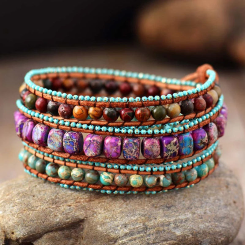 Vintage-Lederarmband mit Jade-Mix