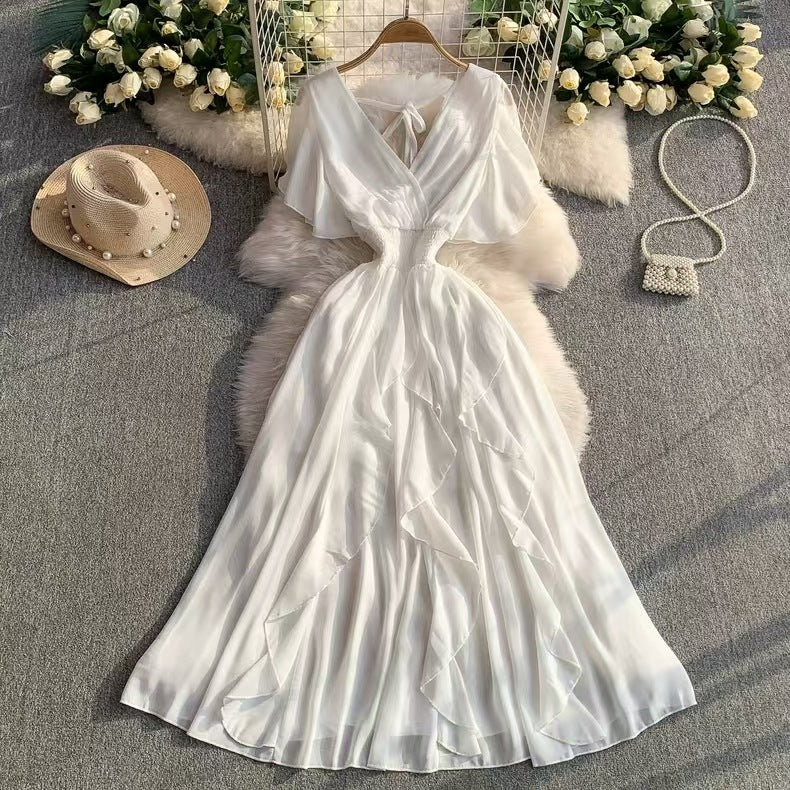 Chiffon Maxikleid mit V-Ausschnitt und Volants