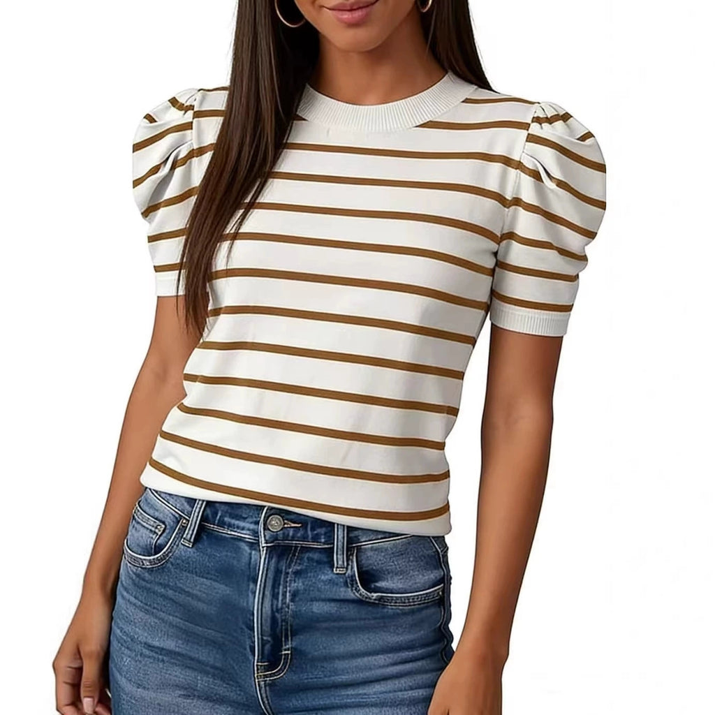 Rundhals Französisch Retro Gestreifter Strickpulli Damen Puffärmel Sli