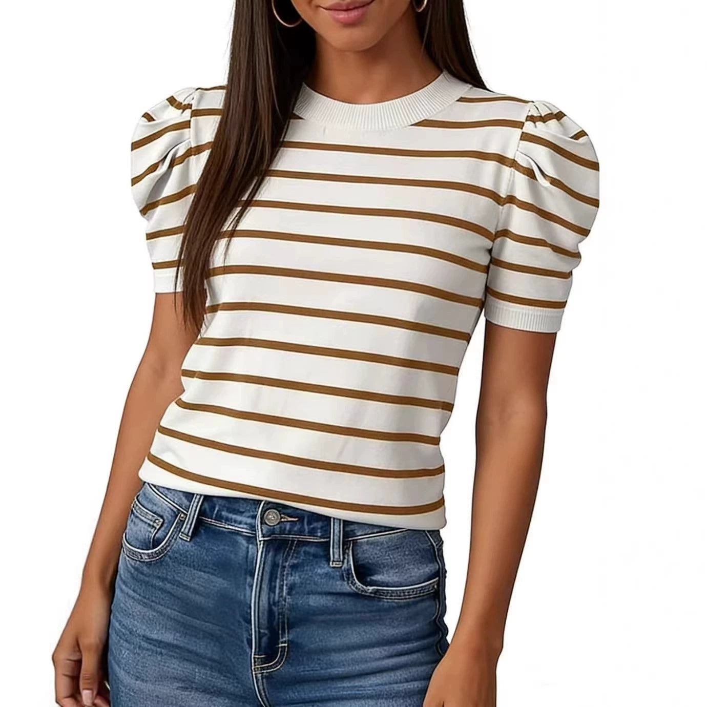 Rundhals Französisch Retro Gestreifter Strickpulli Damen Puffärmel Sli