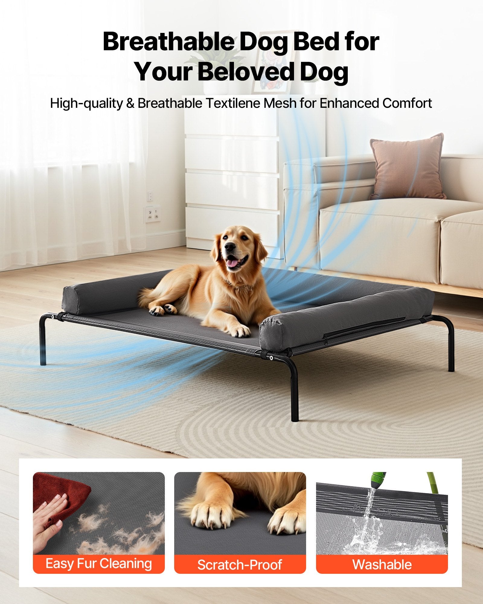 XL-Hundebett Hochliegend mit Kissen Grau