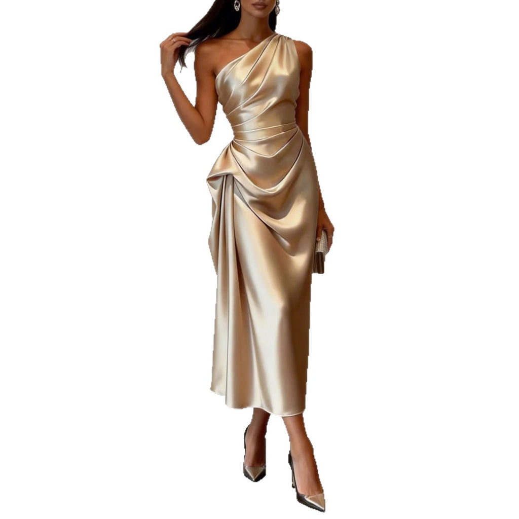 Satin Off-Shoulder Midikleid mit hoher Taille – Bild 11 | LuxeStyle