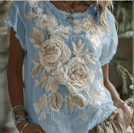 Kurzarm-Top mit Jacquard-Print und schräger Schulter