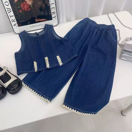 Kinder-Set mit Jeans-Weste, Bluse und Hose