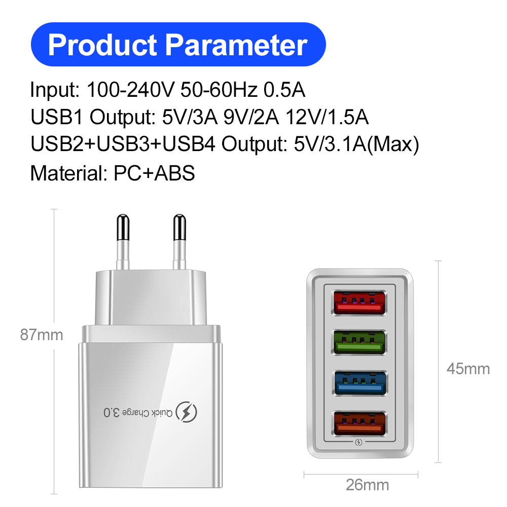 USB-Ladegerät mit 4 Ports und Quick Charge 3.0