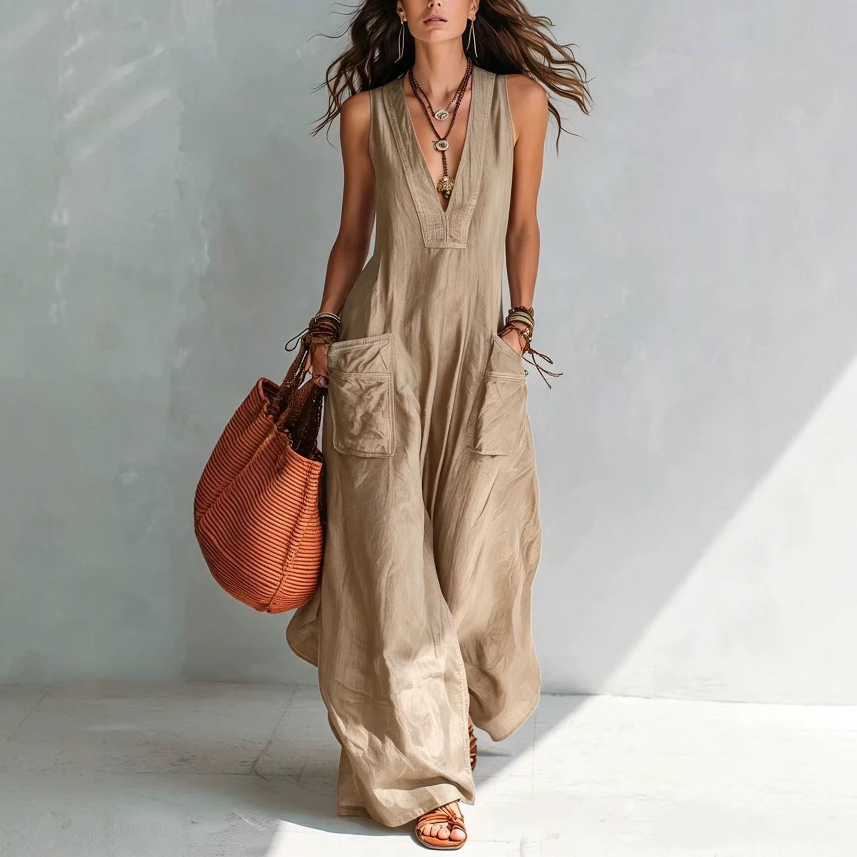 Einfarbiger Jumpsuit mit weitem Bein
