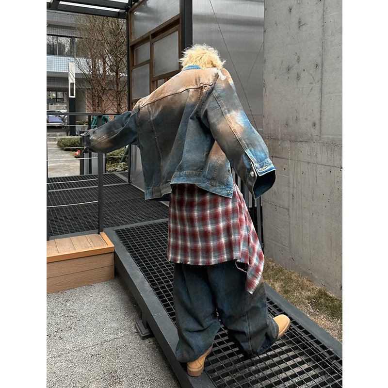 Retro Distressed Denim-Jacke mit Schulterpolstern
