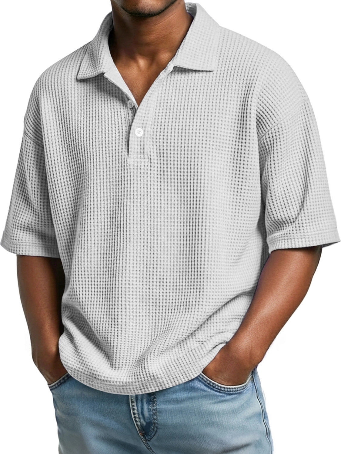 Polo-Shirt Waffelmuster Kurzarm mit Knopfkragen – Bild 6 | LuxeStyle