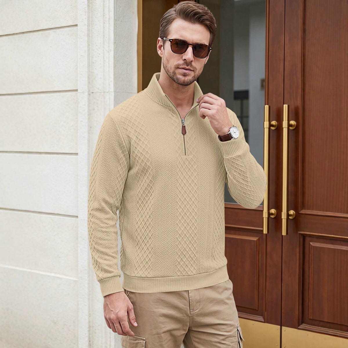Jacquard-Pullover mit Reissverschluss und Revers – Bild 4 | LuxeStyle