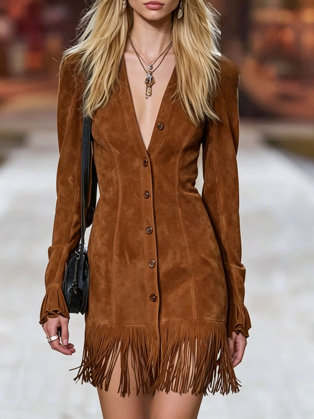 V-Ausschnitt Langarm Tassel Mini-Rock