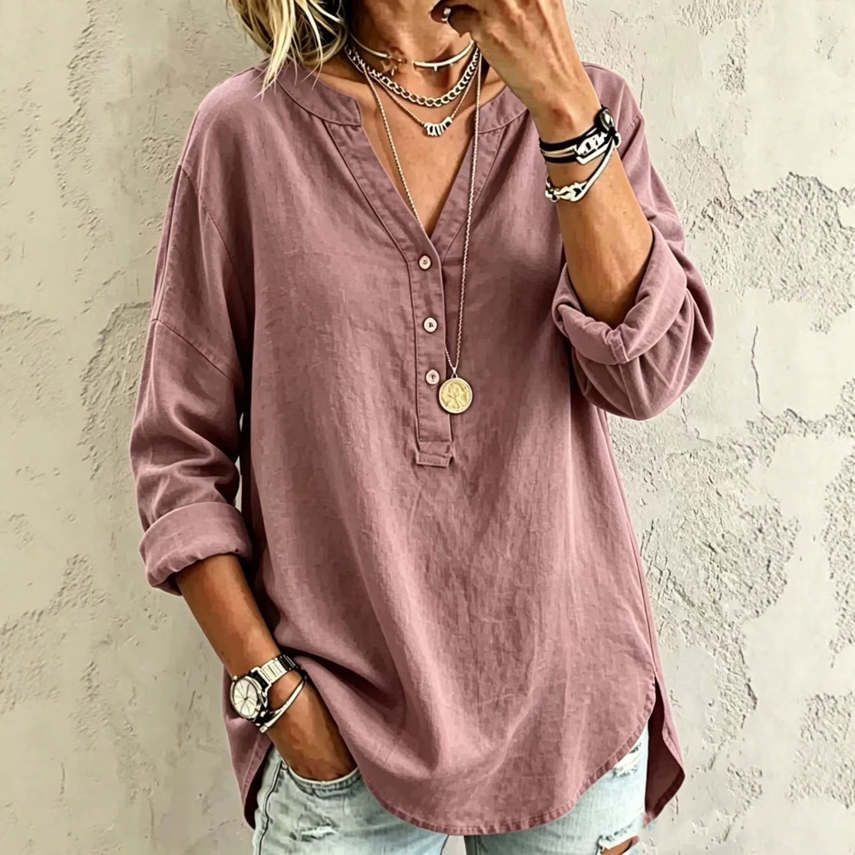 V-Ausschnitt Langarmshirt mit Knopfleiste