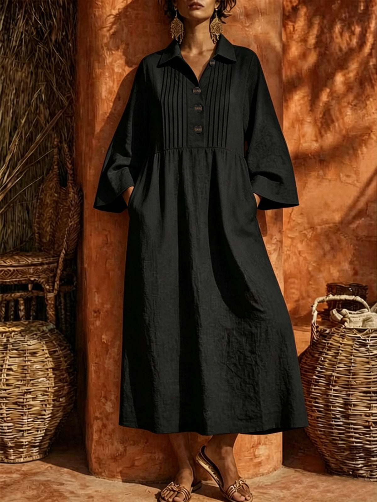Langes V-Neck Freizeitkleid mit Knopfleiste – Bild 13 | LuxeStyle