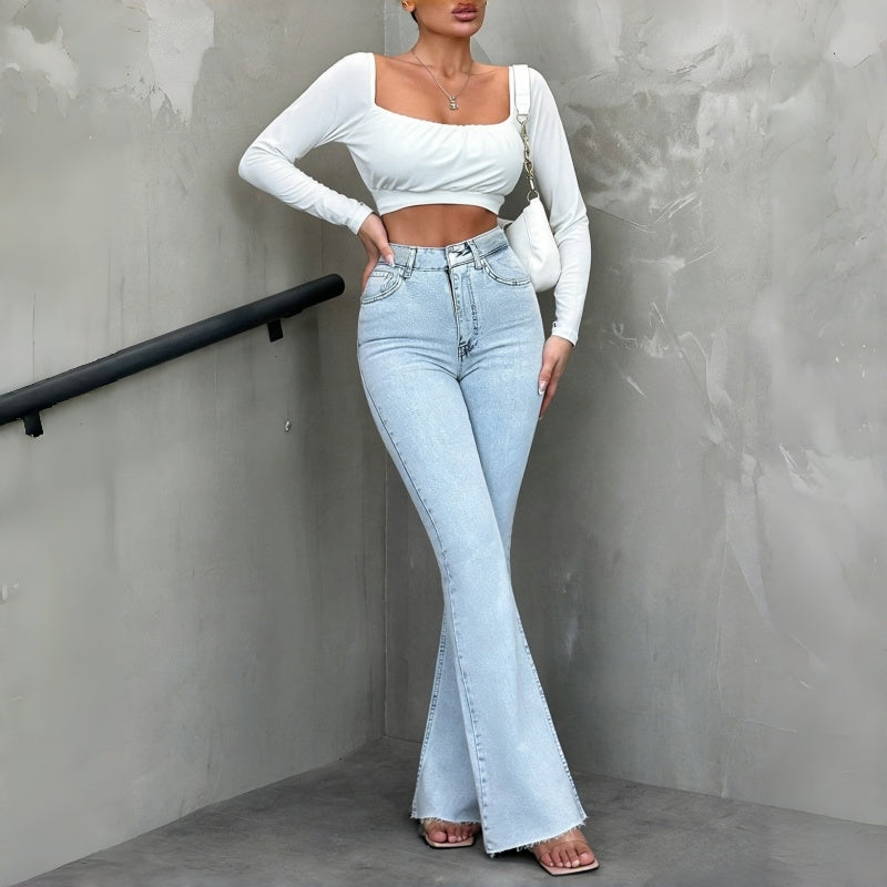 Casual Mid-High Einfarben Jeans mit Rohkante und Flare