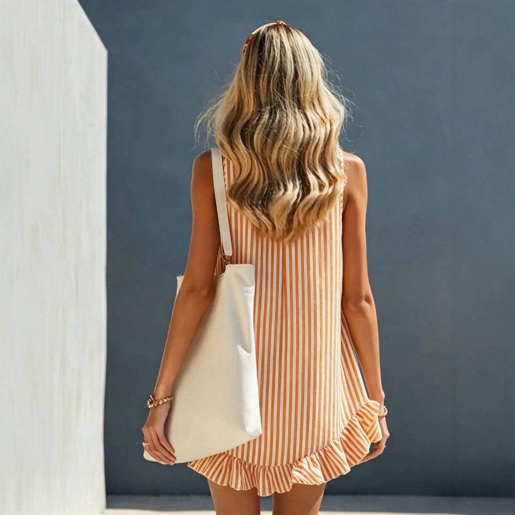 Gestreiftes ärmelloses Mini-Kleid mit V-Ausschnitt – Bild 5 | LuxeStyle