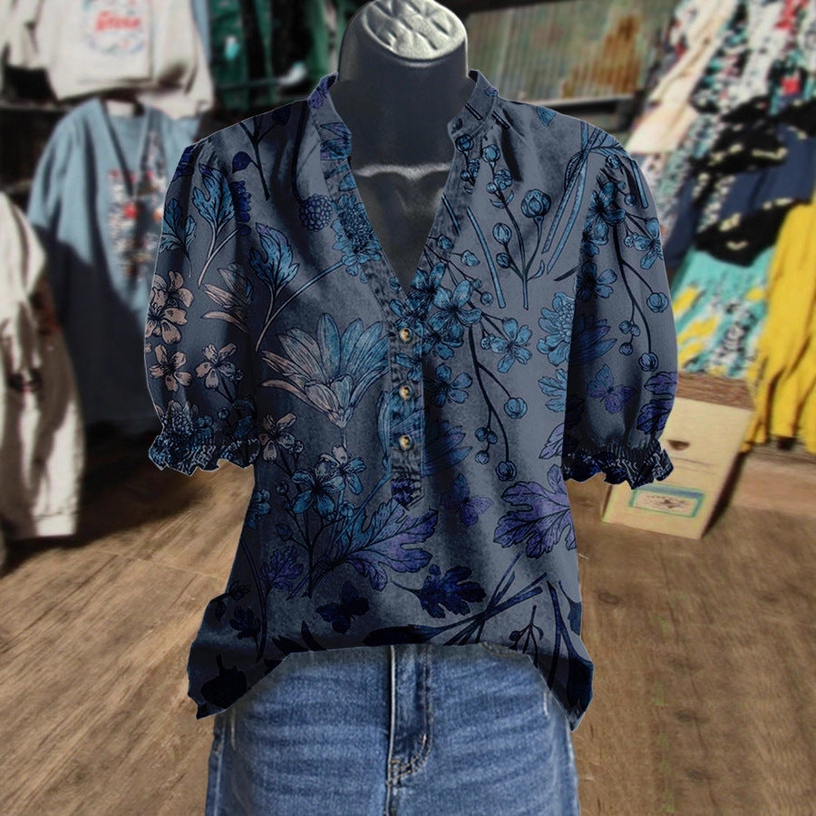 Geblümtes V-Neck Shirt mit Rüschenärmeln | LuxeStyle