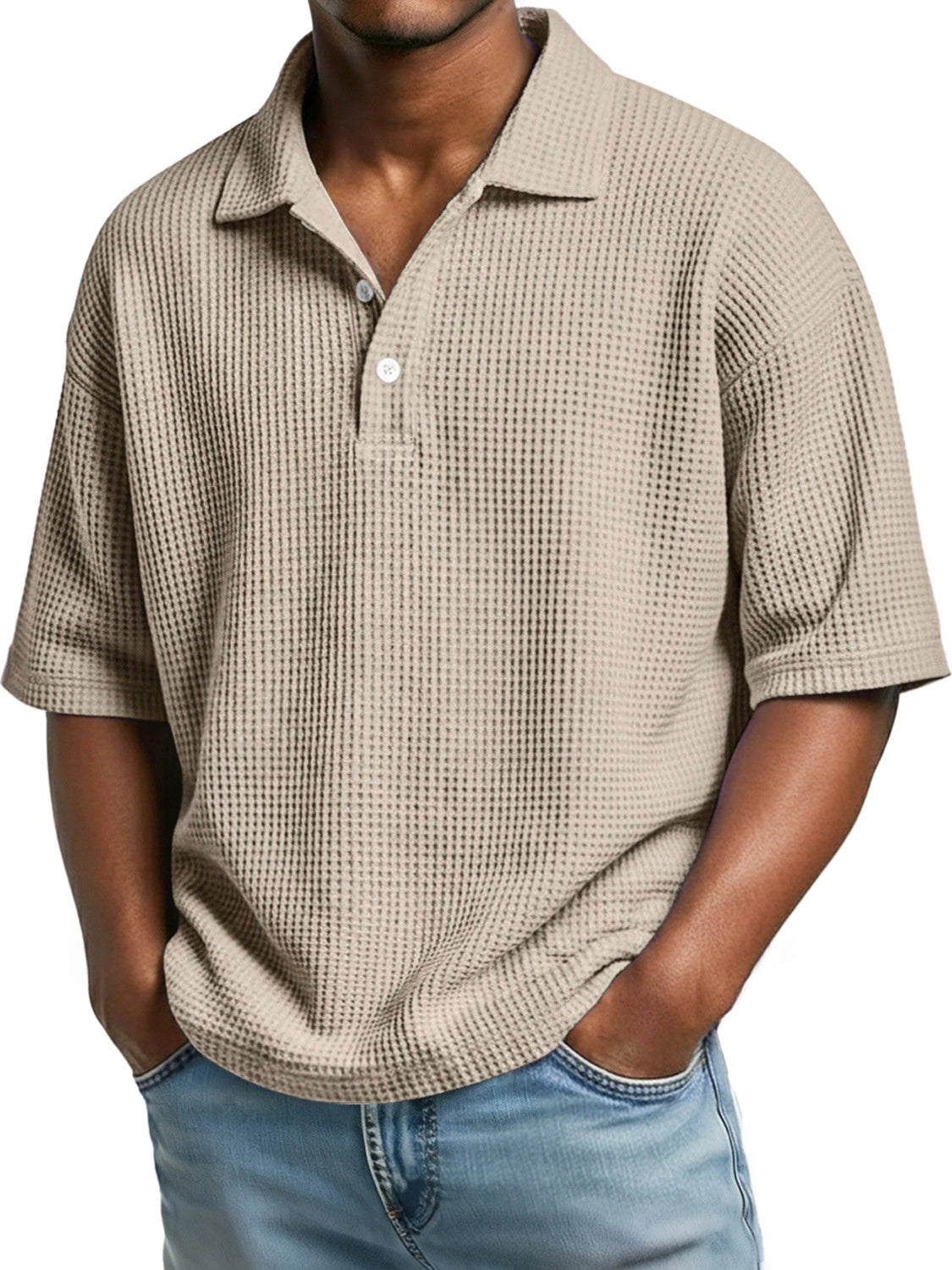 Polo-Shirt Waffelmuster Kurzarm mit Knopfkragen – Bild 4 | LuxeStyle