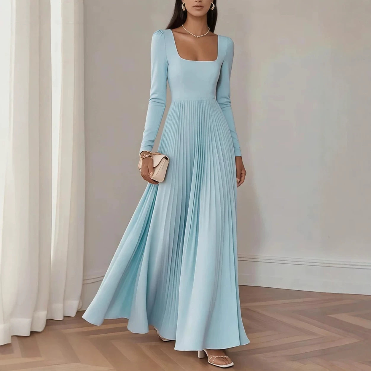 Midi-Kleid mit eckigem Ausschnitt und langen Ärmeln