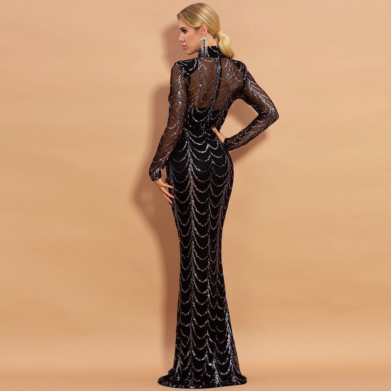 Pailletten Maxi-Kleid mit langen Ärmeln