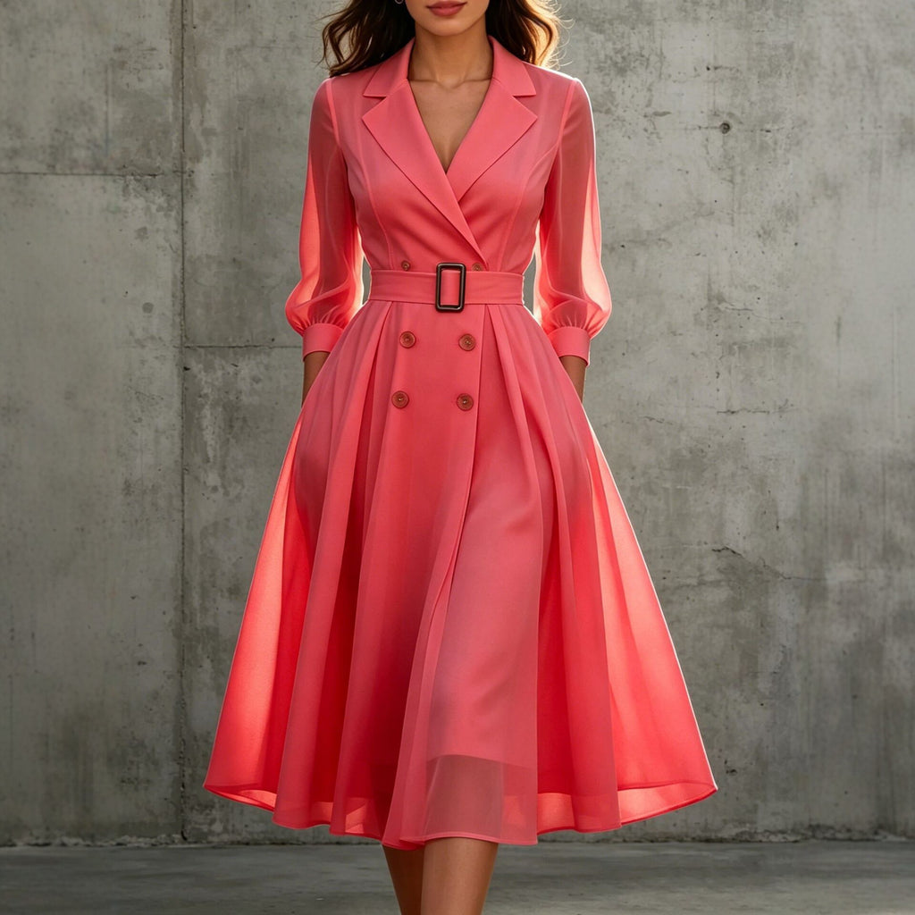 V-Ausschnitt Tailliertes Langarmkleid Damen