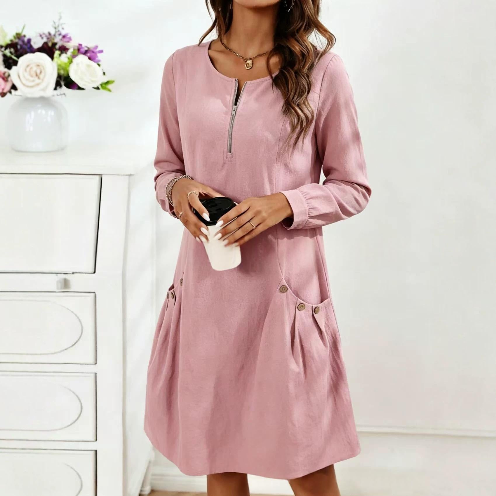 Midilanges Damen-Strickkleid mit halbem Reissverschluss