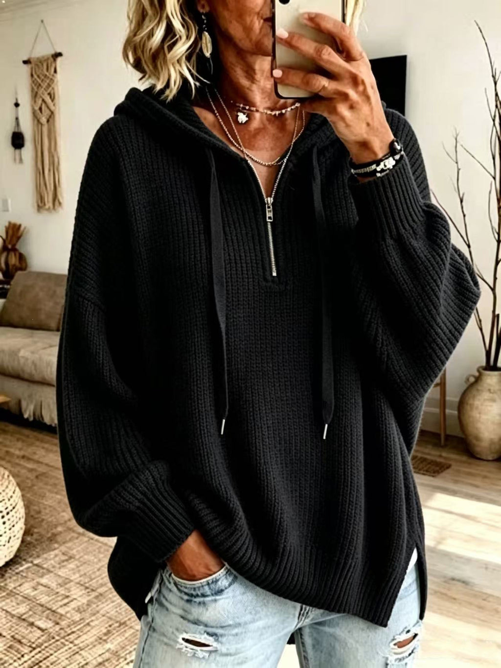 Gestreifter Half-Zip Pullover mit Stehkragen