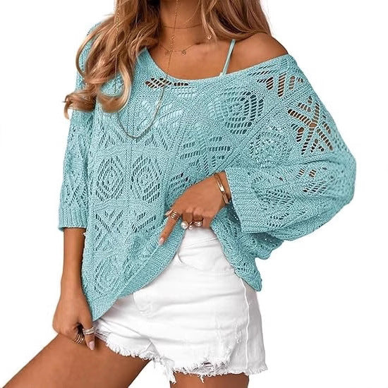 Gehäkelter Pullover mit Dreiviertelärmeln
