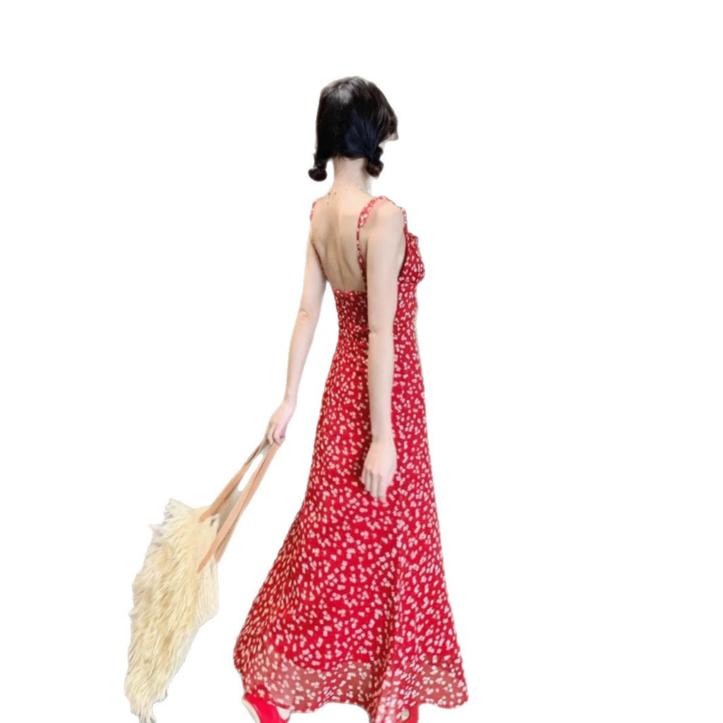 Rotes Vintage-Trägerkleid mit Blumenmuster | LuxeStyle
