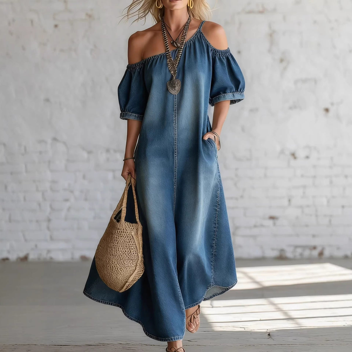 Chic Off-Shoulder Jeans-Maxikleid mit Schlitz – Bild 7 | LuxeStyle