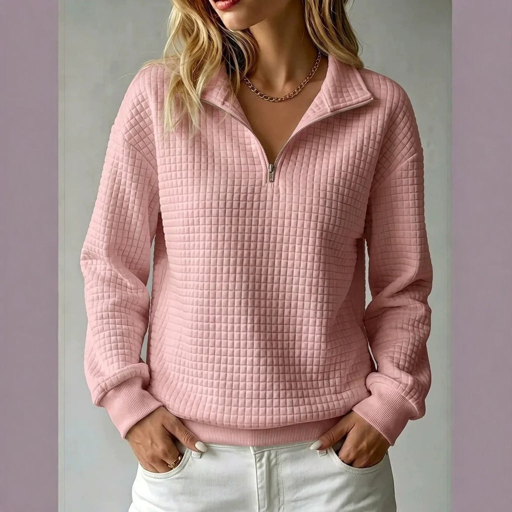 Lässiger Waffelstrick-Stehkragen-Pullover mit Reissverschluss