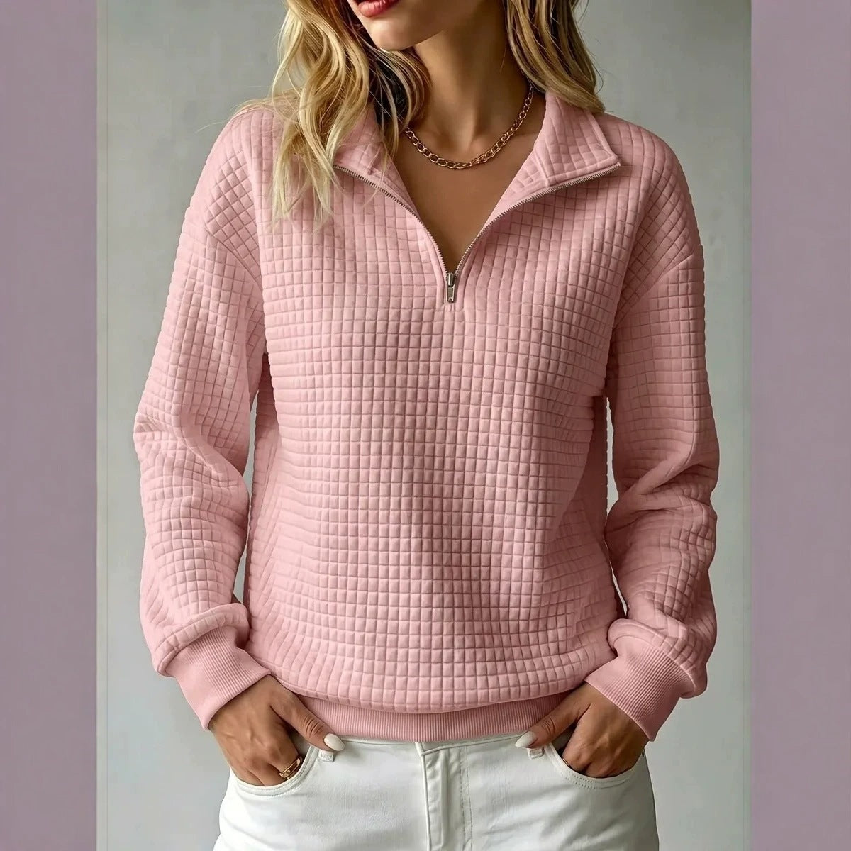Lässiger Waffelstrick-Stehkragen-Pullover mit Reissverschluss