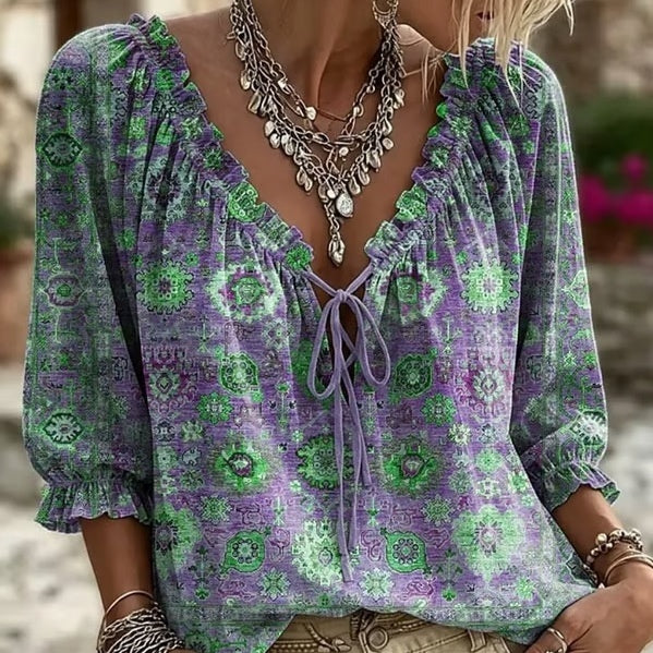 V-Neck Leinen-Imitat Bluse mit Print und Bindeband