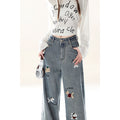 Rustikale Bestickte Denim Jeans mit Hundemotiv