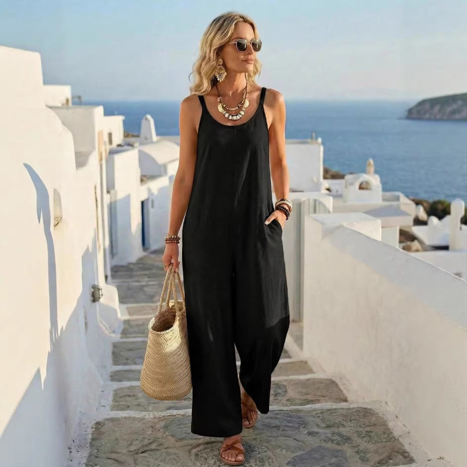Khakifarbener weiter Jumpsuit für den Sommer