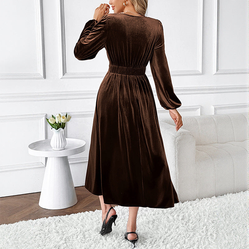 Braunes Spitzen-V-Neck-Maxi-Kleid – Bild 4 | LuxeStyle