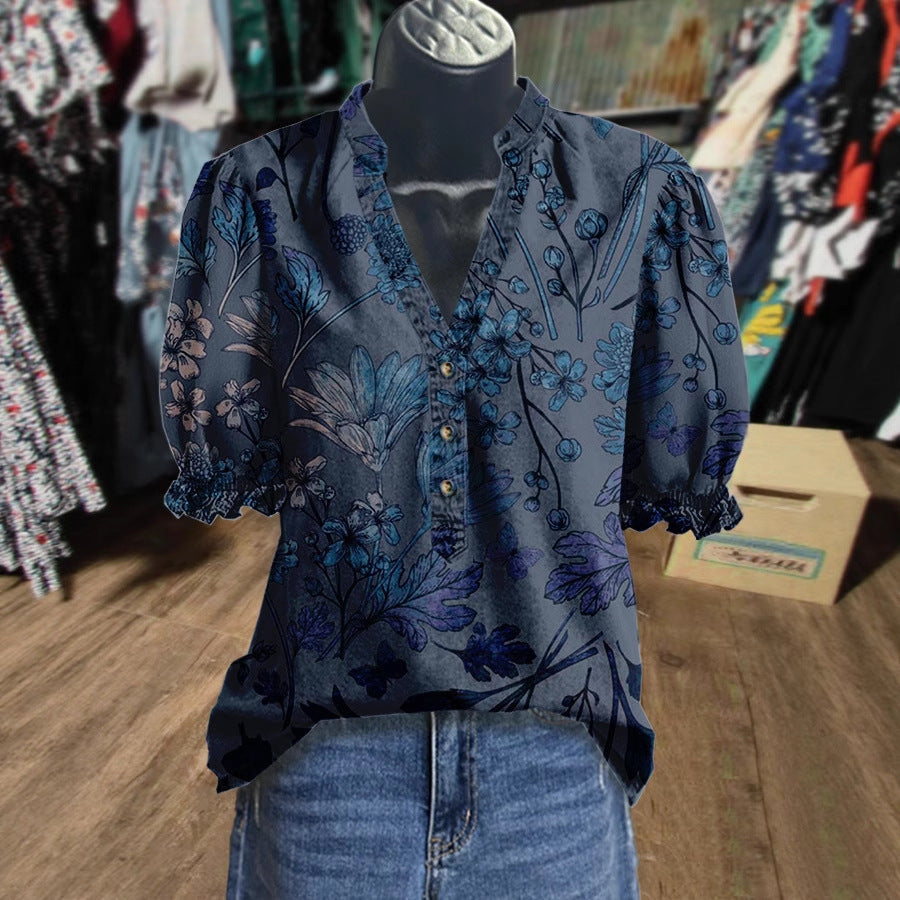 Geblümtes V-Neck Shirt mit Rüschenärmeln – Bild 5 | LuxeStyle