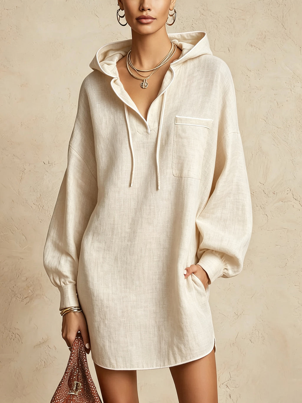 Midi-Kleid mit Kapuze und Kordelzug