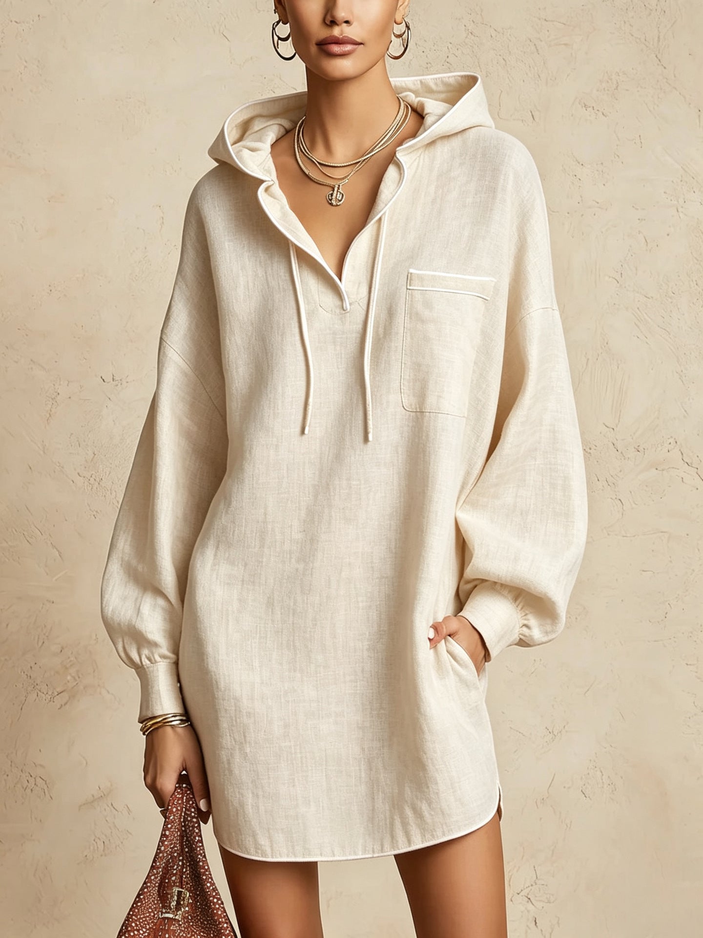 Midi-Kleid mit Kapuze und Kordelzug