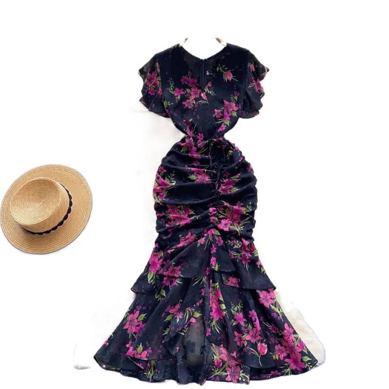 Chiffon-Meerjungfrauenkleid mit Blumenmuster | LuxeStyle