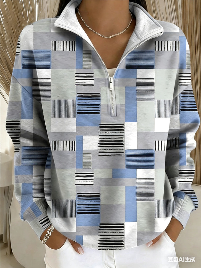 Damen Half Zip Hoodie Top mit Geometrischem Muster