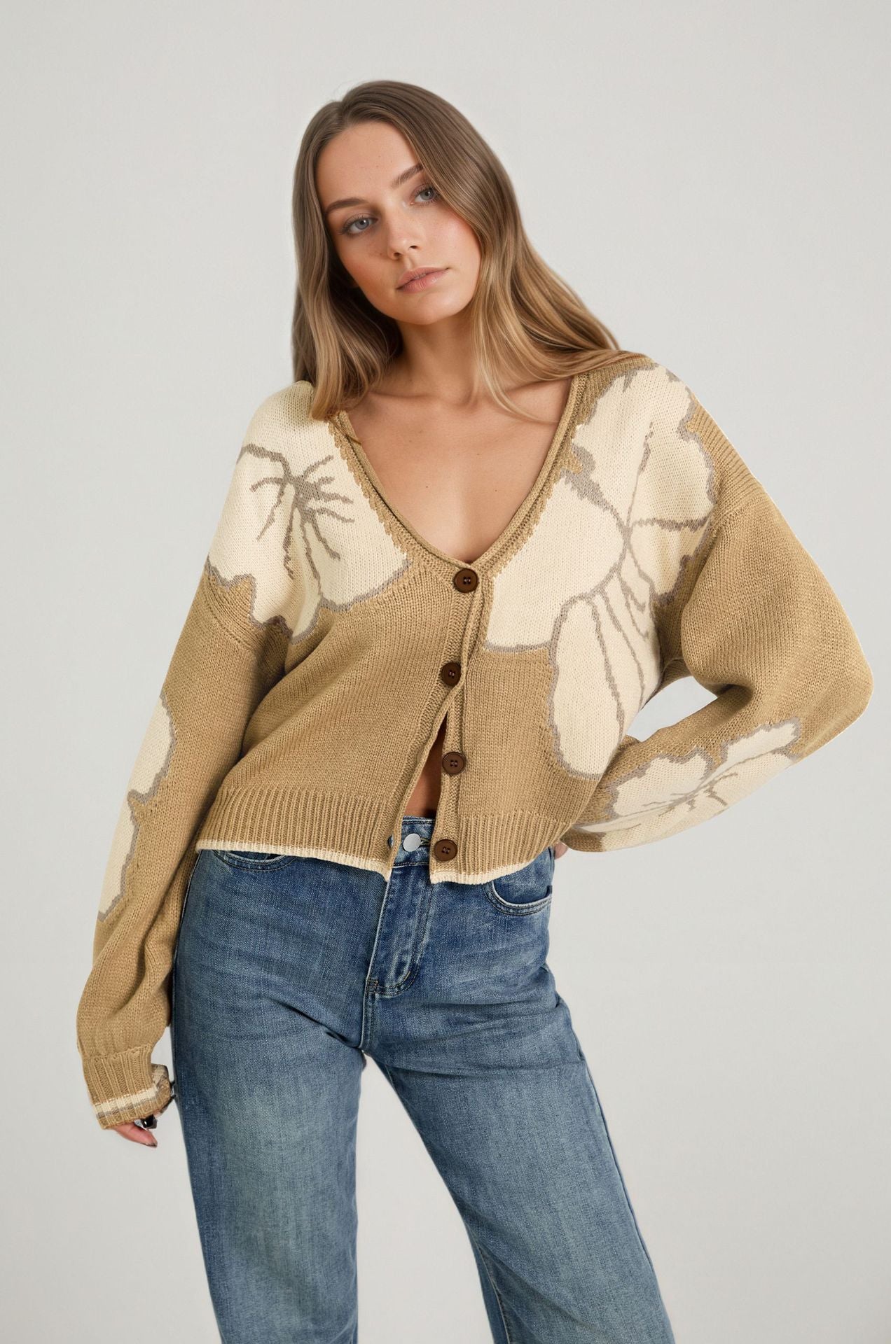 Jacquard Color-Block Strick-Cardigan für Damen