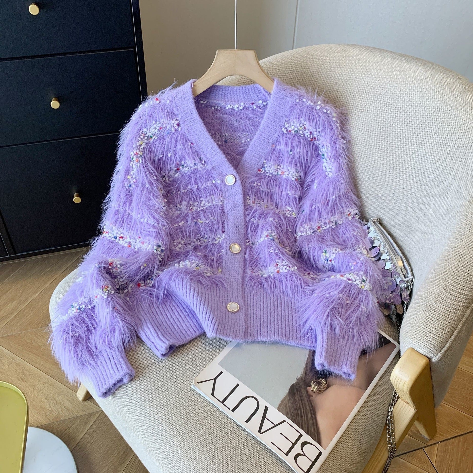 Mink-Samt Strickpullover-Mantel mit Quasten
