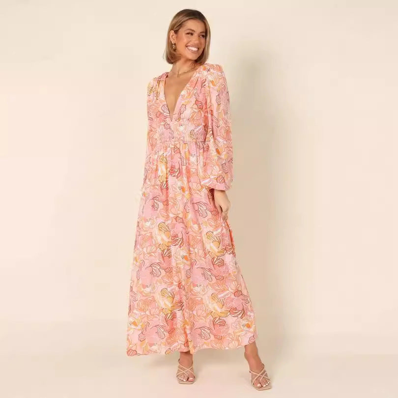 Bedrucktes rückenfreies V-Ausschnitt Langarm-Kleid | LuxeStyle