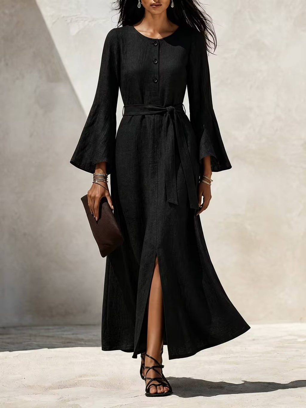 Damen Casual Leinenkleid mit ausgestellten Ärmeln
